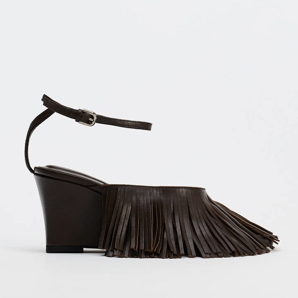 NWT Zara Leather fringe wedge sandals